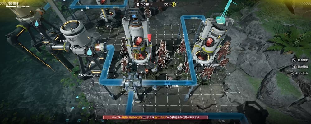 アークナイツエンドフィールドのゲーム画像。水力採掘機と処理設備をパイプで接続する設置画面。水流に沿ってパイプを接続しないとエラーが発生する仕様が表示されており、赤銅鉱採掘ラインの構築には水流方向の理解が必要であることが分かるシーン。