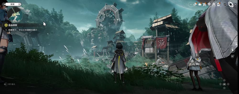 アークナイツエンドフィールドのゲーム画像。清波砦のフィールド風景。高い草原の中に巨大な水車の残骸がそびえ、周囲には崩れた建造物が点在している。プレイヤーキャラが前景に立ち、遠景の水車へ向かう探索ルートが示されている。