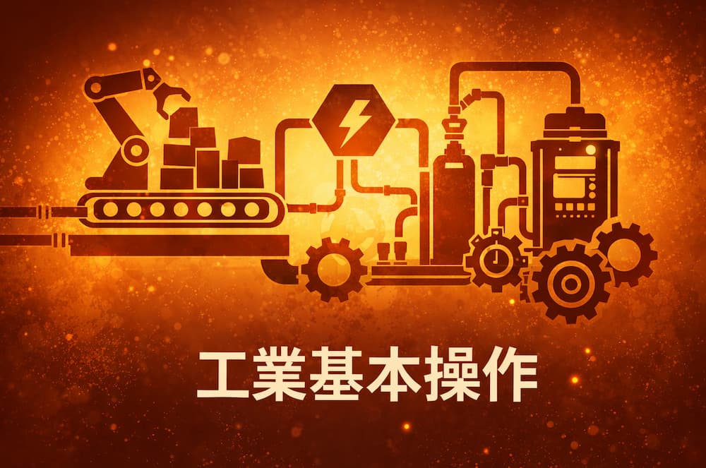 「アークナイツ：エンドフィールドの工業基本操作を象徴する暖色系の抽象イラスト。歯車や工業ライン、電力アイコンが並び、工業設備の連動をイメージしたデザイン。」