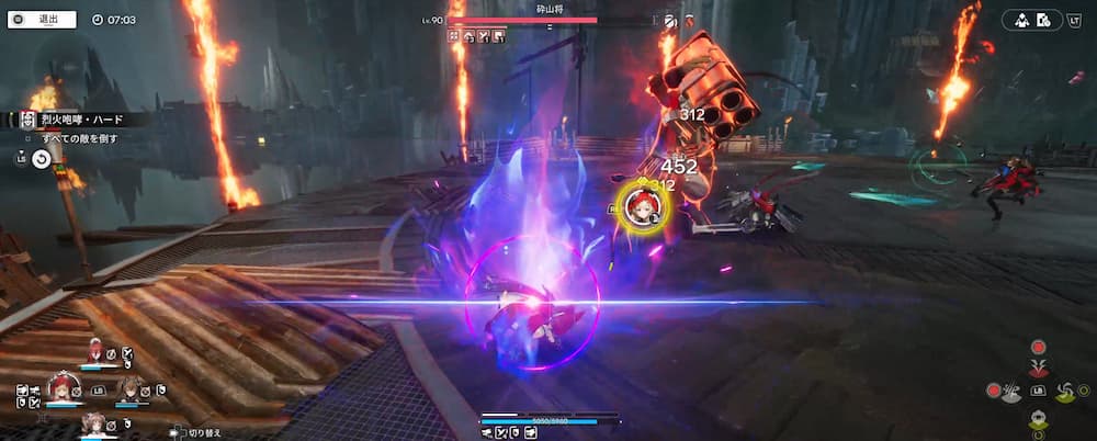 アークナイツエンドフィールドのゲーム画像。戦闘中にロッシの連携1段目がヒットして、2段目の連携発動に加えて完璧連携前の画像。ロッシの連携が2段目があることを説明するのに適したシーン。