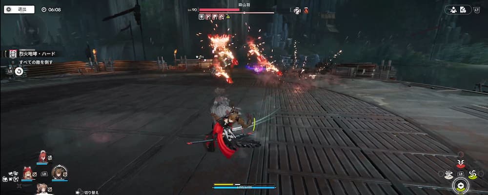 アークナイツエンドフィールドのゲーム画像。映像の記念碑の烈火咆哮・ハードでギルベルタが飛んで敵の攻撃を回避している戦闘の説明画像。