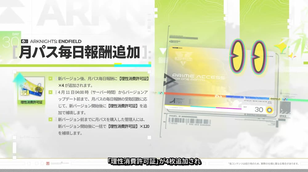 アークナイツエンドフィールドのバージョン「春の暁、訪れし時」予告特別番組内で紹介された月パスの仕様変更を告知している画像。理性消費許可証が毎日４個もらえるようになったことがわかる。
