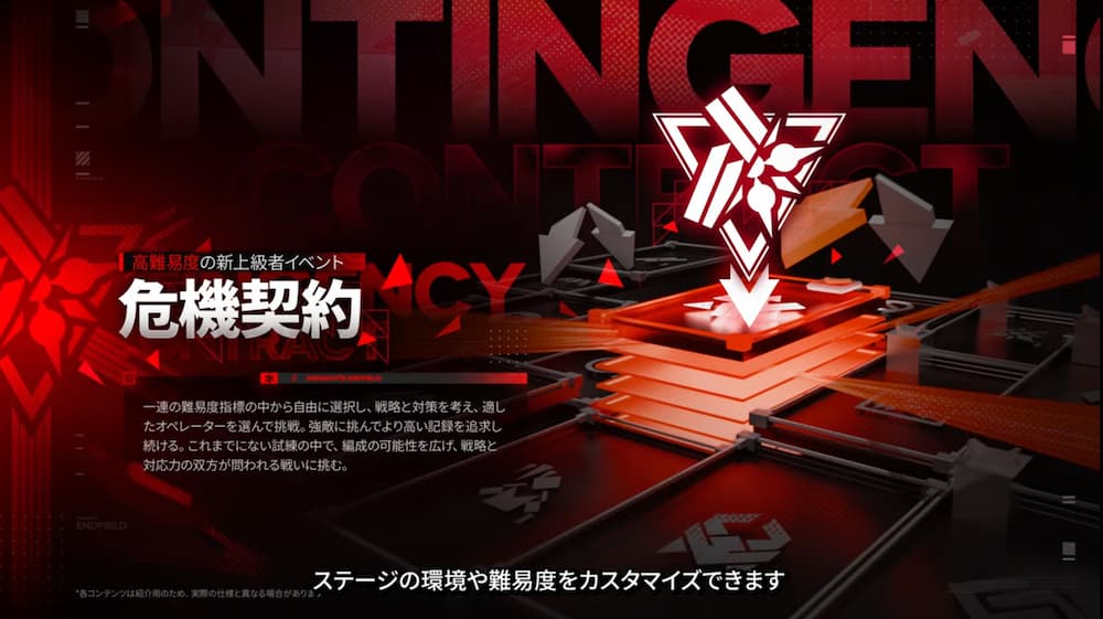 アークナイツエンドフィールドのバージョン「春の暁、訪れし時」予告特別番組内で紹介された上級者イベント「危機契約 」 のスクリーンショット。