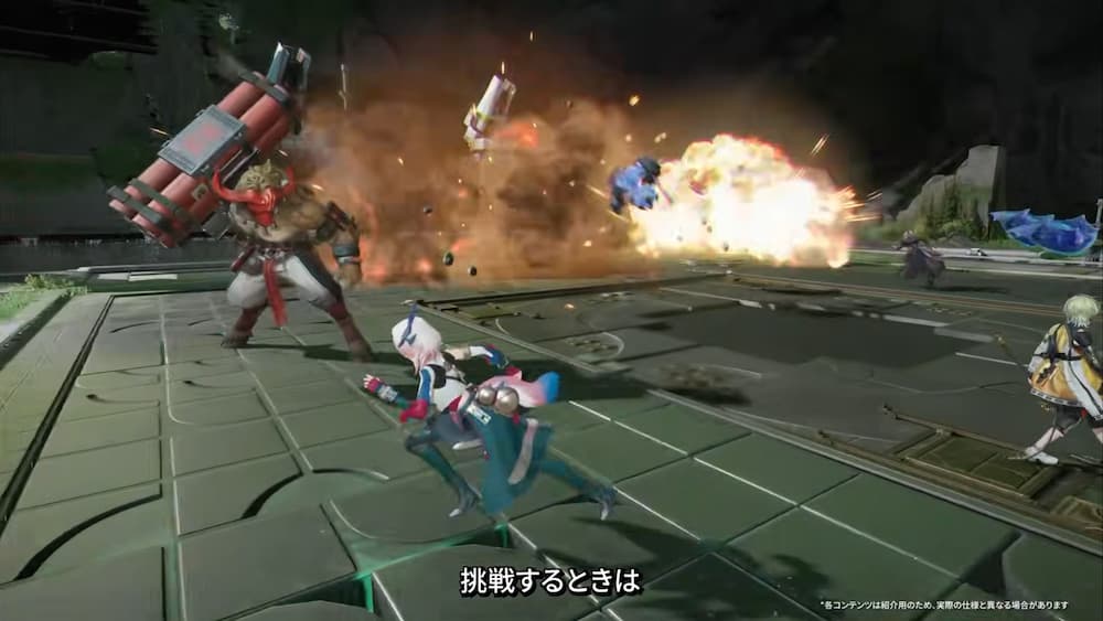 アークナイツ：エンドフィールドの「選剣演武」の戦闘画面。手前に味方キャラクター、奥には大きなハンマーを持った敵（ボーンクラッシャー）が映っており、さらに背景の奥では設置された戦闘設備によるものと思われる爆発エフェクトが発生している。