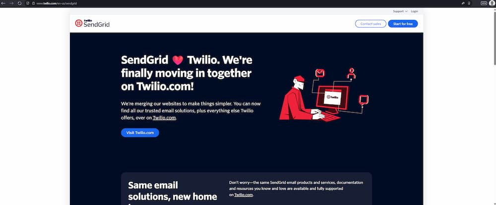 Twilio と SendGrid の統合を案内する英語版ページ。SendGrid のサービスが Twilio.com に移行したことを知らせる画面が表示されている。