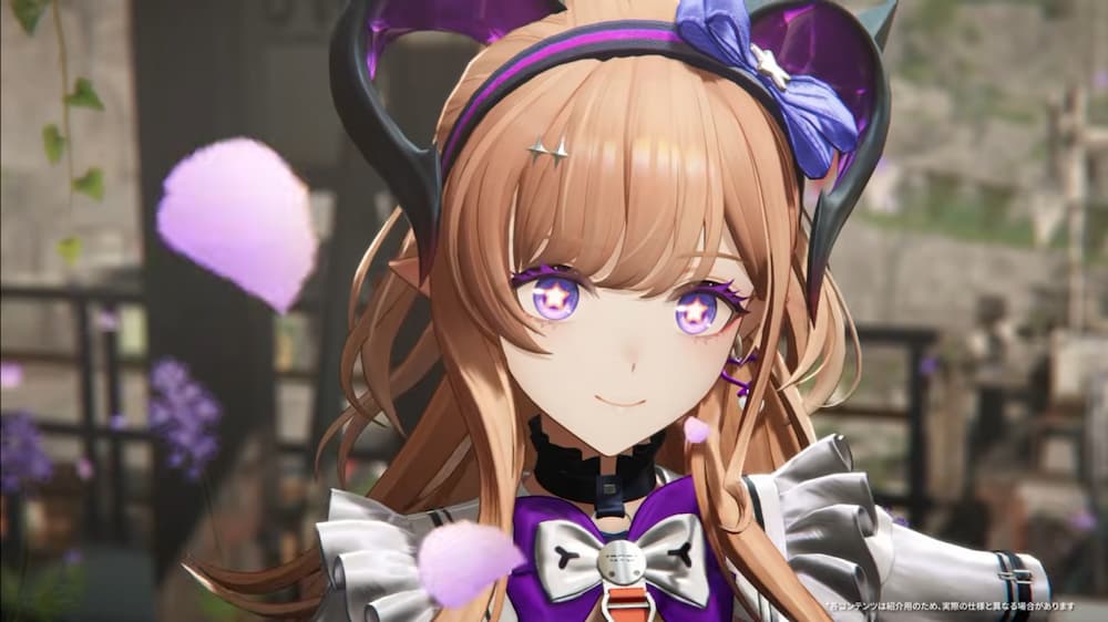 アークナイツ：エンドフィールドの先行情報で公開された、名前未公表の新キャラクターのアップ。茶髪のロングヘアに紫色のリボンやヘッドドレスをつけ、瞳の中に星の模様が描かれている。白と黒のフリルがあしらわれたアイドル風の衣装を着て、桜のようにも見える紫色の花びらが舞う中で微笑んでいるスクリーンショット。