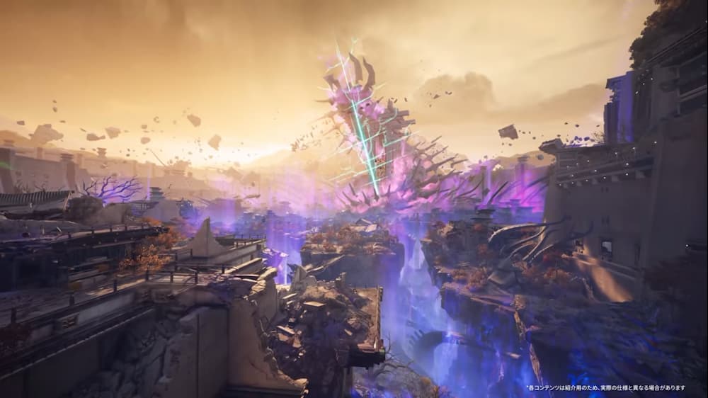 アークナイツ：エンドフィールドの先行情報で公開された新エリアのコンセプトアート（またはゲーム画面）。手前には深く切り立った谷と、東洋の城郭を思わせる崩壊した建造物が広がり、中央奥には浮遊する無数の岩石とともに、紫色の禍々しい光と結晶に包まれた巨大な塔のような構造体がそびえ立っている、黄昏時の空が印象的なスクリーンショット。
