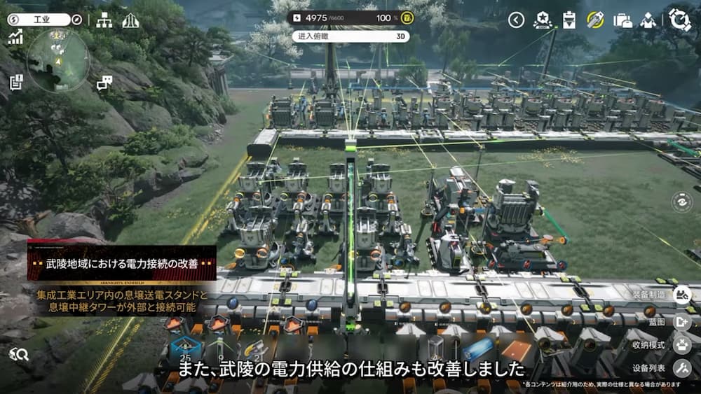 アークナイツ：エンドフィールドVer1.3の息壌設備仕様改善。工業エリア内に張り巡らされた電力網と、「集成工業エリア内の息壌送電スタンドと息壌中継タワーが外部と接続可能」という解説テロップが表示されているゲーム画面のスクリーンショット。