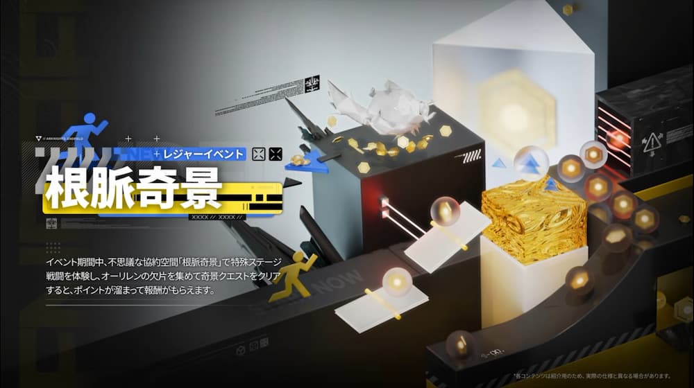 アークナイツ：エンドフィールドの先行情報で公開された新レジャーイベント「根脈奇景」の紹介画面。左上に「レジャーイベント 根脈奇景」という大きなロゴと走る人のピクトグラムがあり、右側にはおもちゃのブロックや球体のギミックが配置された立体的なアスレチック風のグラフィックが描かれている。左下には「イベント期間中、不思議な協約空間『根脈奇景』で特殊ステージ戦闘を体験し、オーリレンの欠片を集めて奇景クエストをクリアすると、ポイントが溜まって報酬がもらえます」という日本語のイベント説明テキストが表示されているスクリーンショット。