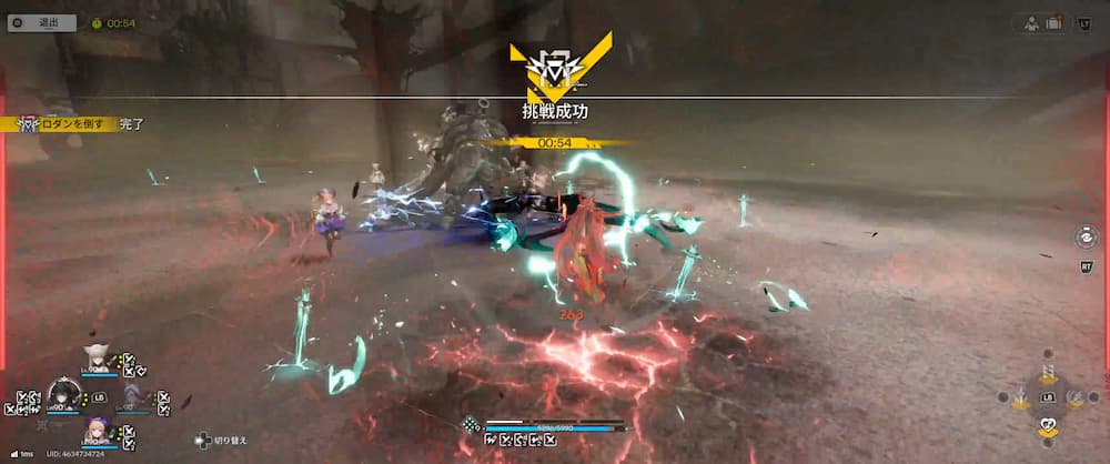 アークナイツエンドフィールドのゲーム内画像で、危境再現の「ロダンLv4」の戦闘画像。リザルトを見せるため選択した画像。