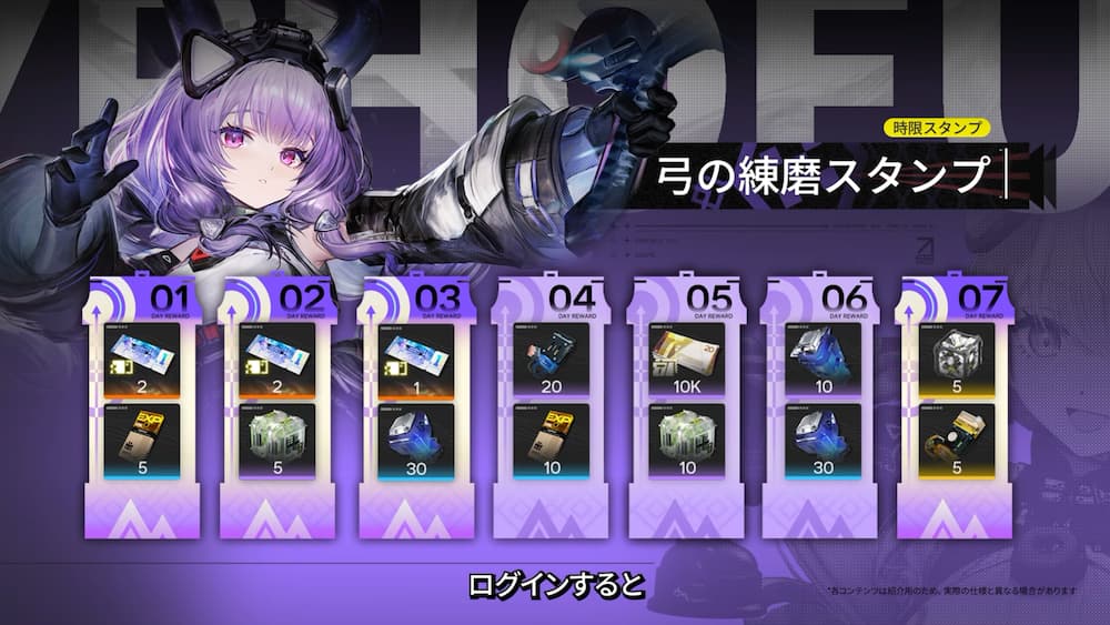 『アークナイツ：エンドフィールド』バージョン「雪氷の幽夢」予告番組内で紹介された、ティフォロス実装に伴うログインボーナスの画像。