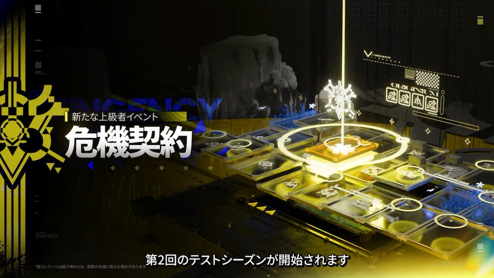 『アークナイツ:エンドフィールド』バージョン「雪氷の幽夢」予告番組内で紹介された今後実装予定の「第二次危機契約」についての画像。