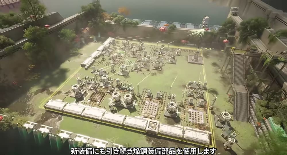 アークナイツ：エンドフィールドの予告映像に登場した新工業エリア。キノコや緑に囲まれた広い敷地に、多数の工業設備や生産ラインが設置されている。