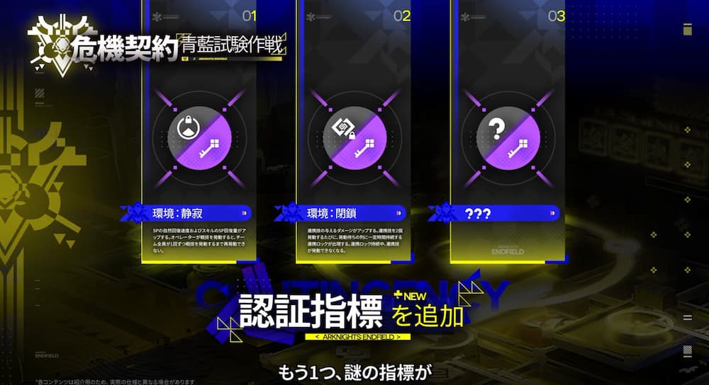 『アークナイツ：エンドフィールド』「丹青渡」バージョン予告特別番組の動画内で紹介されたイベント「危機契約」「青藍試験作戦」の新たな認証指標３種の説明画像。