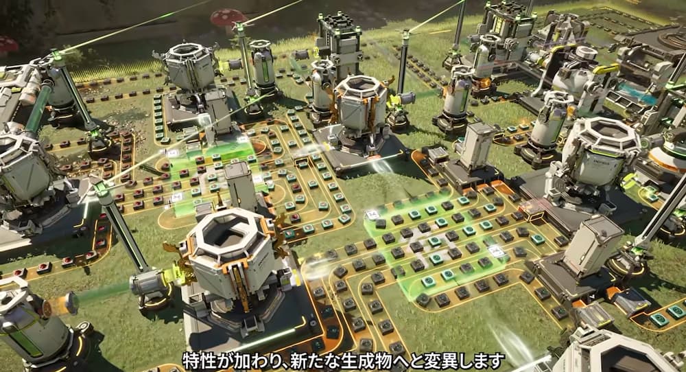 エンドフィールドの新工業要素「陣」の効果を紹介する予告映像。工業設備の周囲に光る範囲が表示され、ベルトコンベア上に色の異なる生成物が並んでいる。